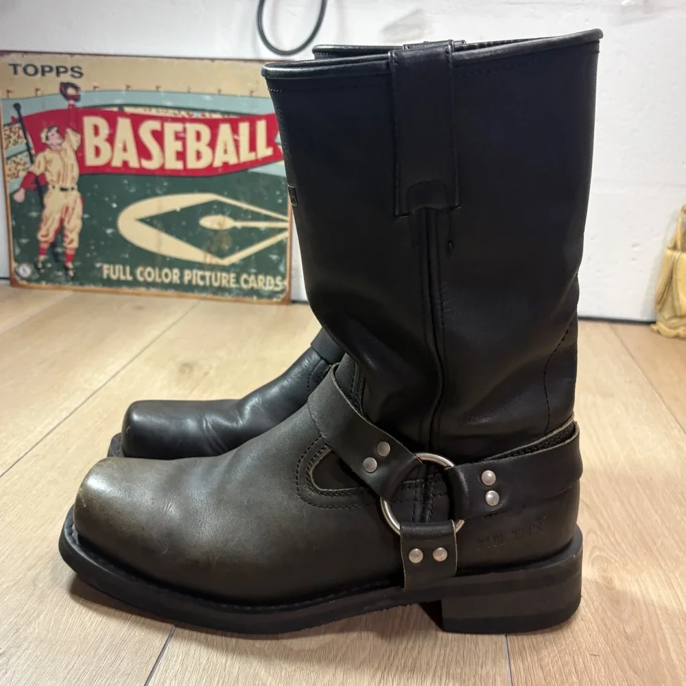 Ride Tecs Mens Black Leather Square Toe Harness Biker Boots 11 W Wide Moto 9143